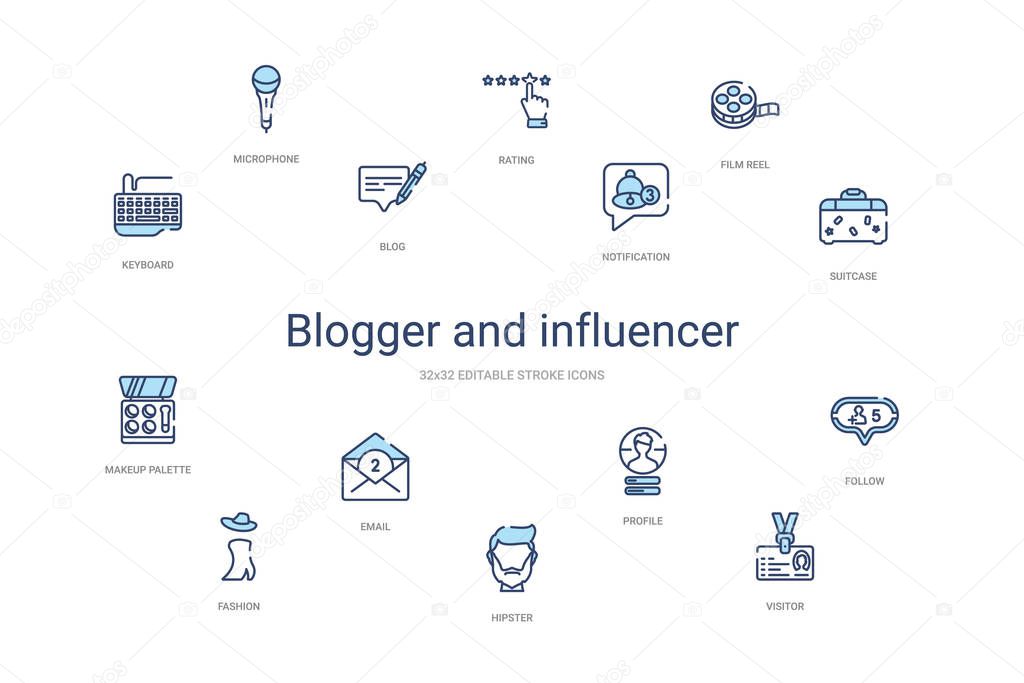 blogger and influencer concept 14 colorful outline icons. 2 colo
