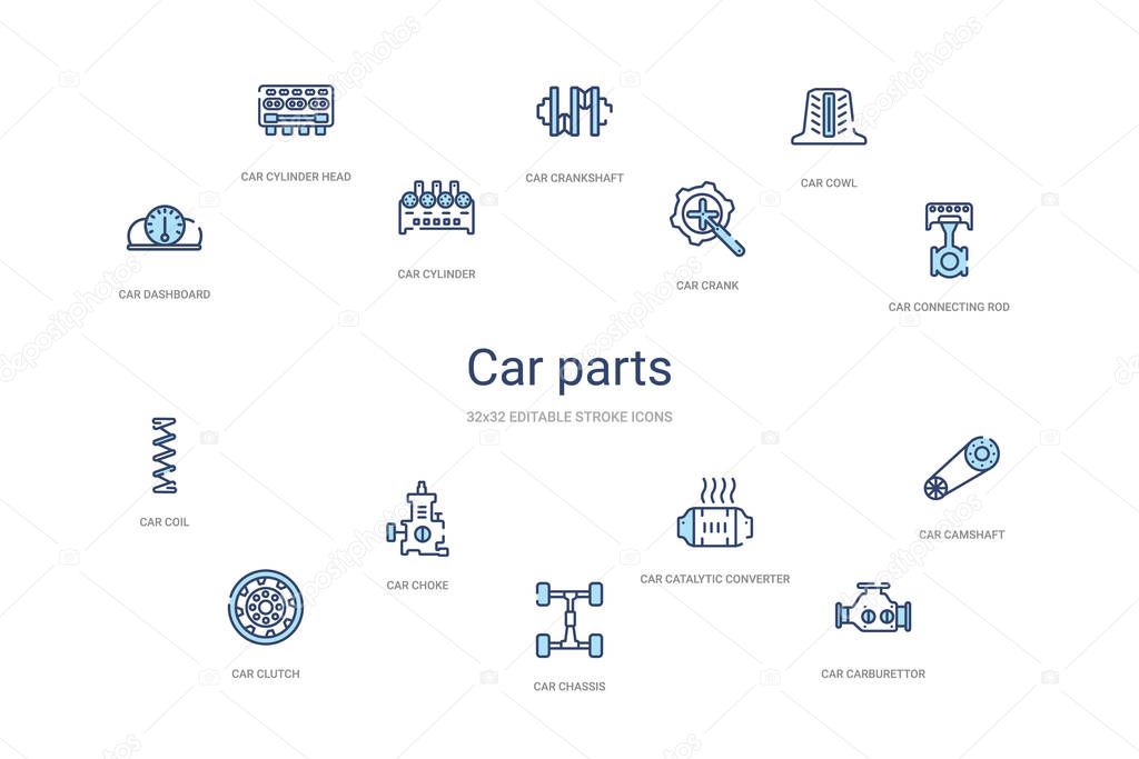car parts concept 14 colorful outline icons. 2 color blue stroke