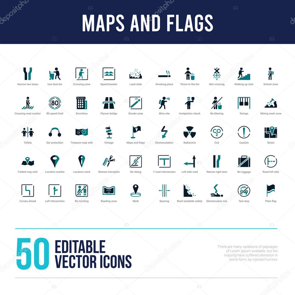 50 maps and flags concept filled icons