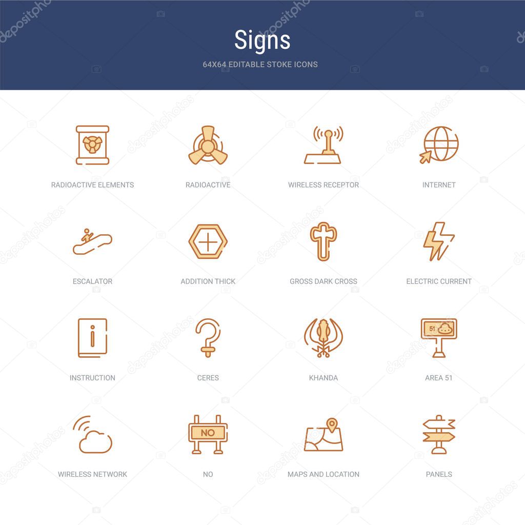 set of 16 vector stroke icons such as panels, maps and location,