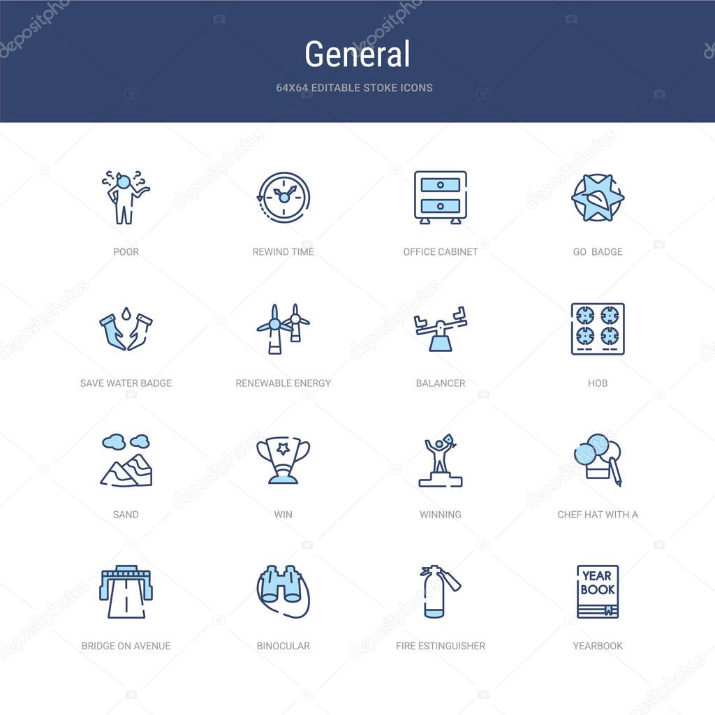 Set of 16 vector stroke icons such as yearbook, fire estinguisher, binocular, bridge on avenue perspective, chef hat with a pencil, winning from general concept. can be used for web, logo,