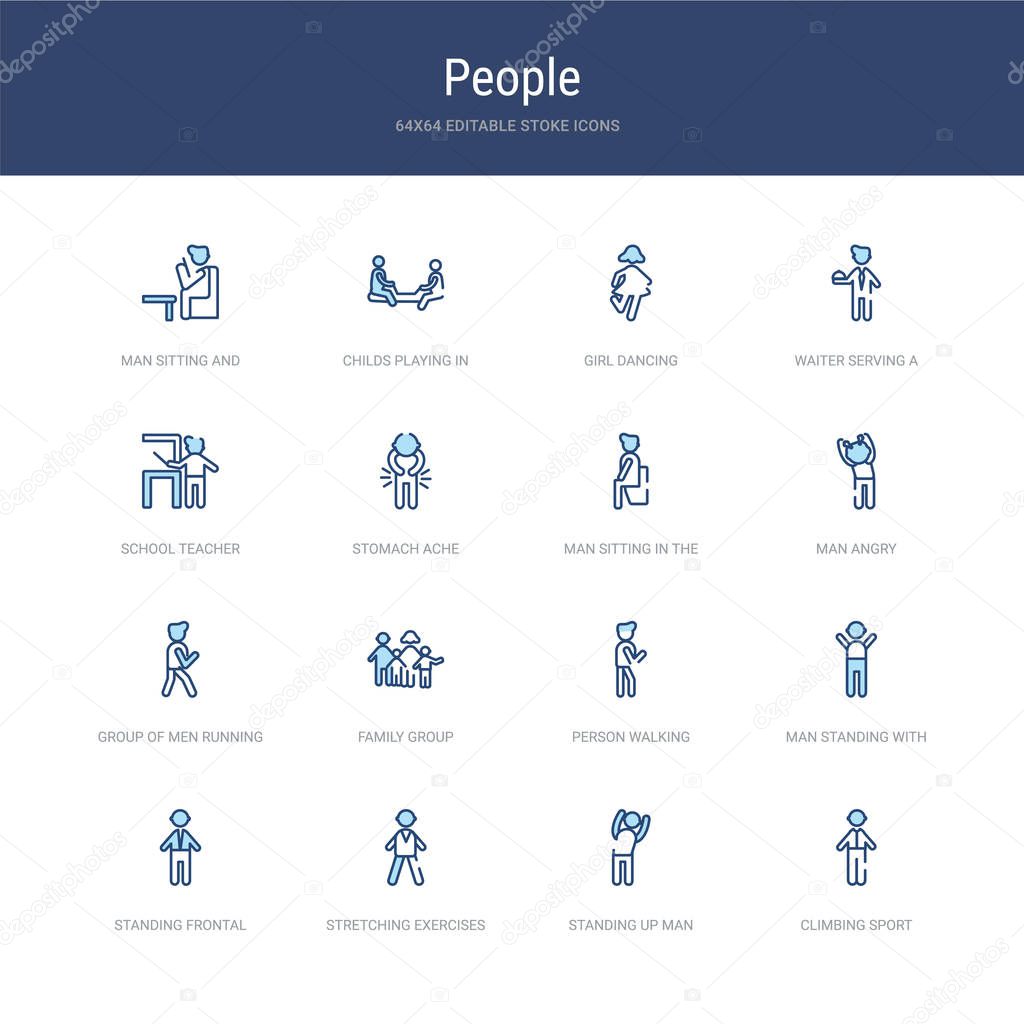 set of 16 vector stroke icons such as climbing sport, standing u