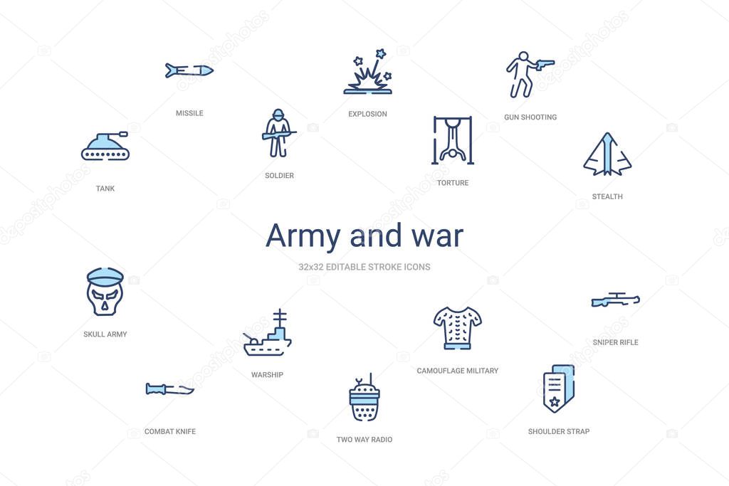 army and war concept 14 colorful outline icons. 2 color blue str