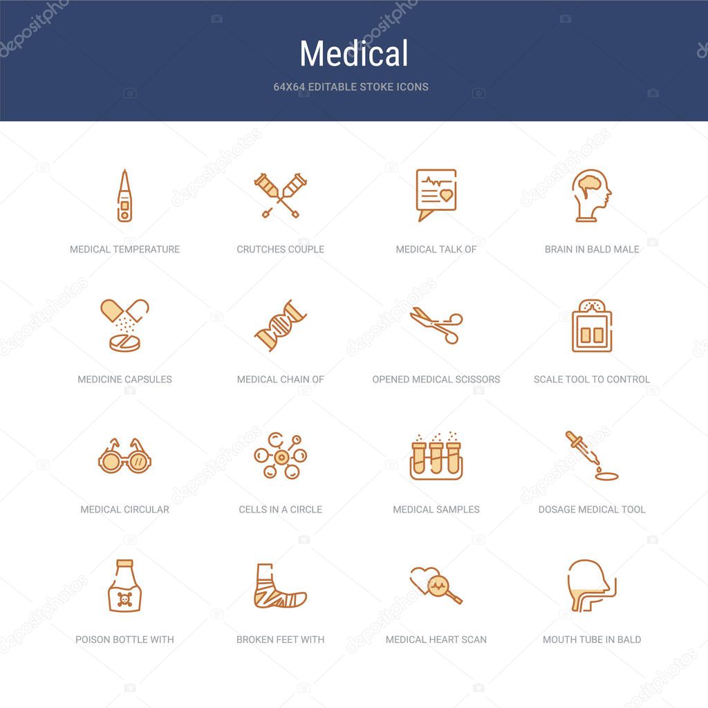 Set of 16 vector stroke icons such as mouth tube in bald male head, medical heart scan, broken feet with bandage, poison bottle with a skull, dosage medical tool, medical samples in test tubes