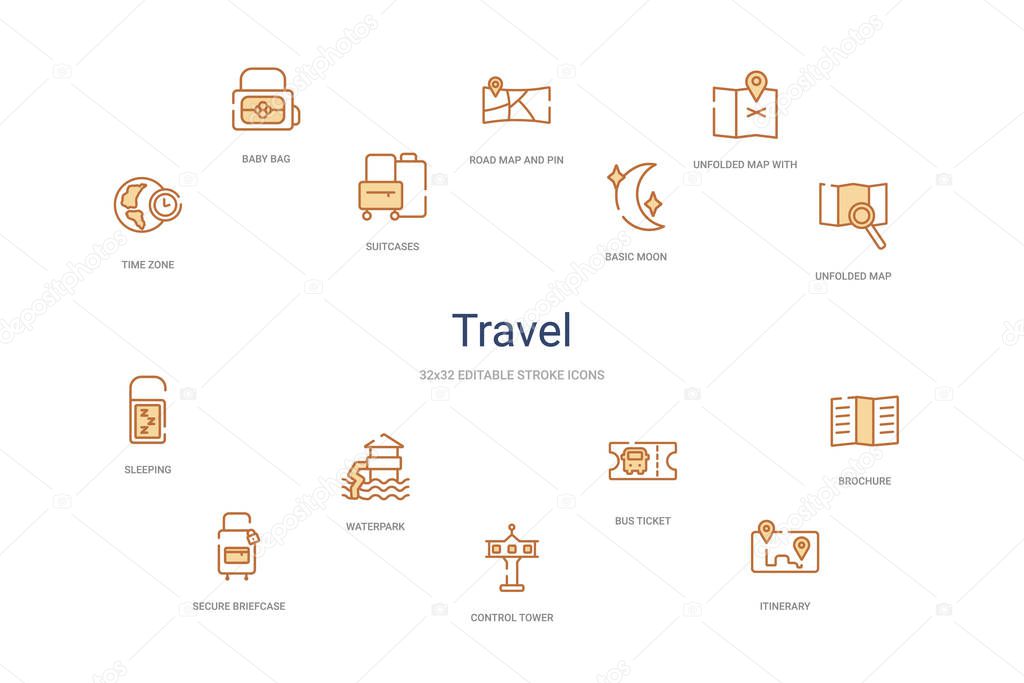 travel concept 14 colorful outline icons. 2 color blue stroke ic