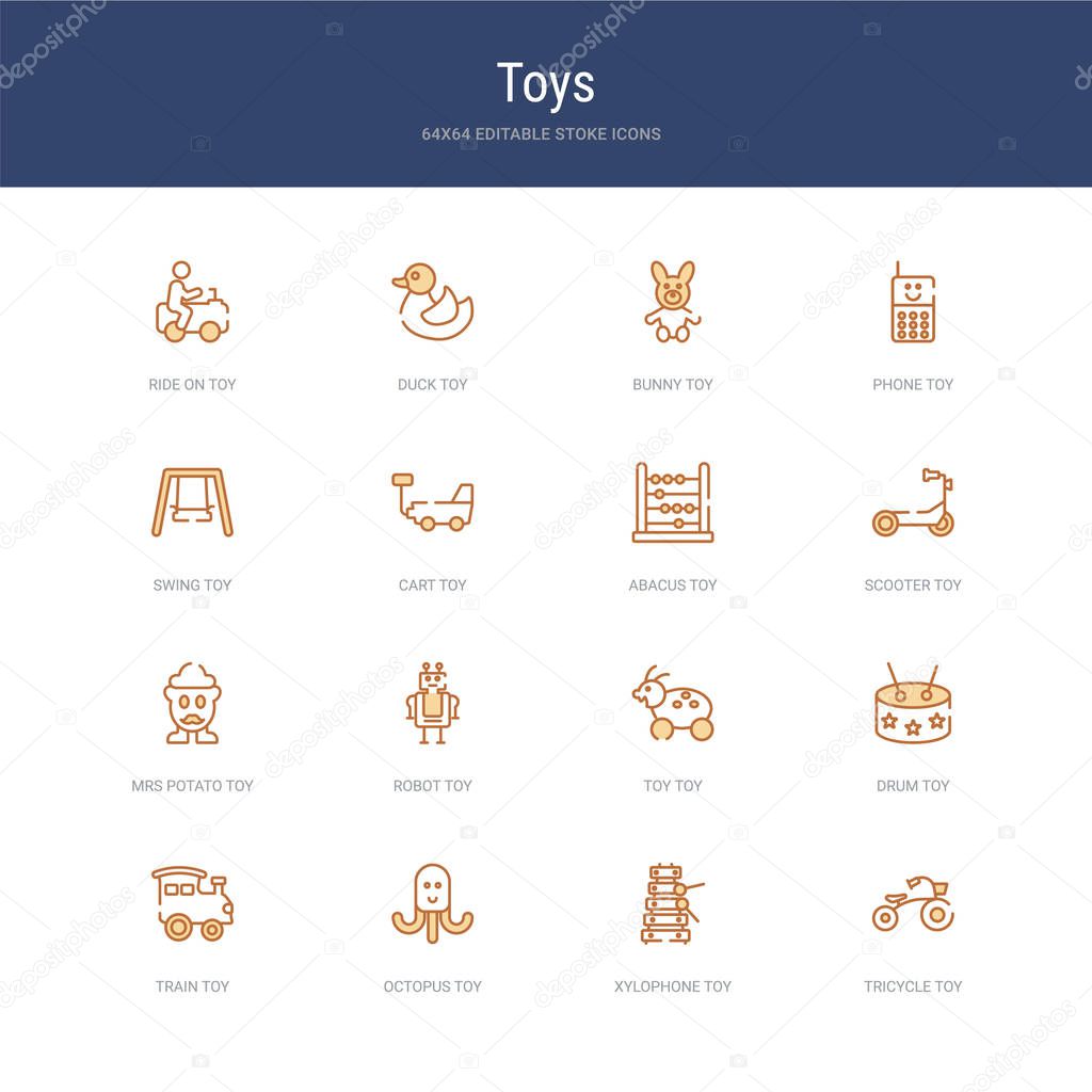 set of 16 vector stroke icons such as tricycle toy, xylophone to