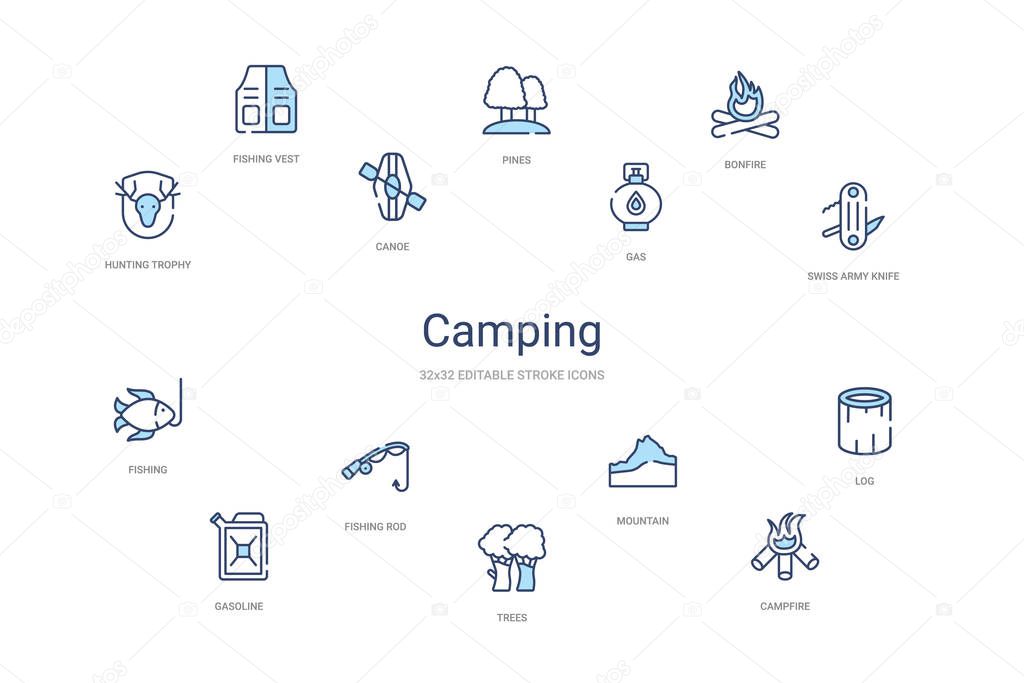 camping concept 14 colorful outline icons. 2 color blue stroke i