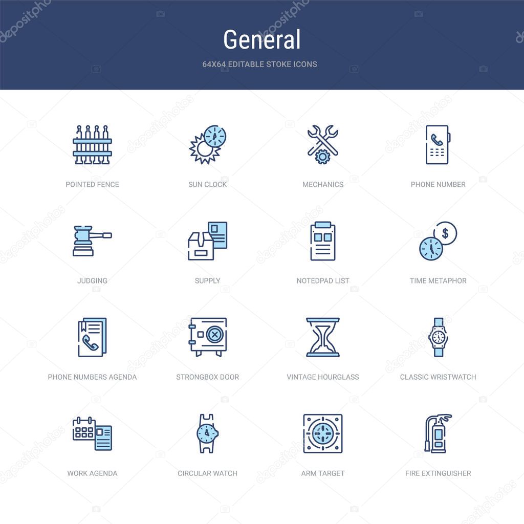 Set of 16 vector stroke icons such as fire extinguisher, arm target, circular watch, work agenda, classic wristwatch, vintage hourglass from general concept. can be used for web, logo, ui\u002fux