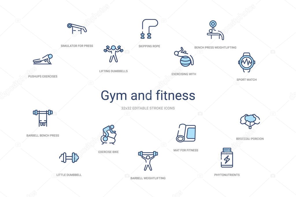 Gym and fitness concept 14 colorful outline icons. 2 color blue stroke icons