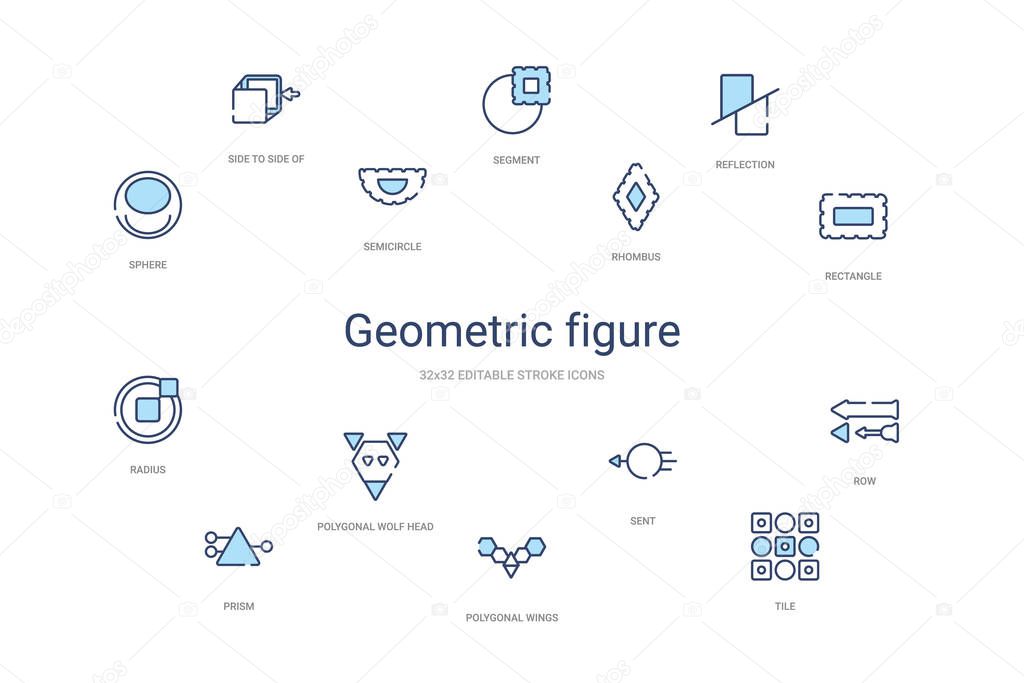 Geometric figure concept 14 colorful outline icons. 2 color blue stroke icons