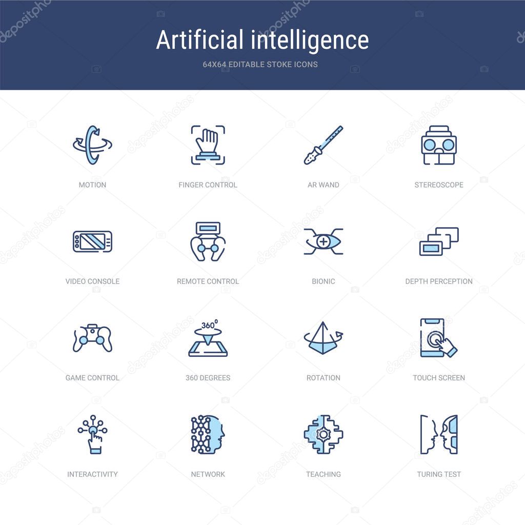 set of 16 vector stroke icons such as turing test, teaching, net