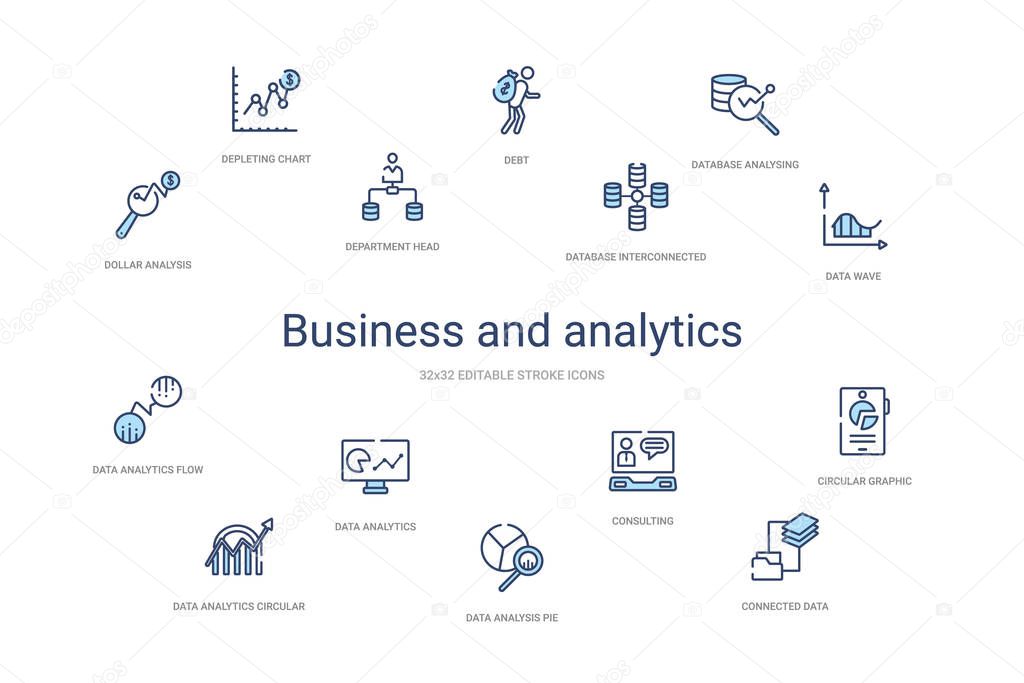 business and analytics concept 14 colorful outline icons. 2 colo