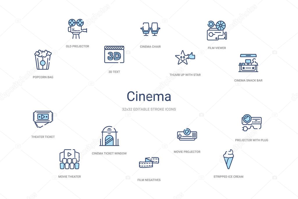 cinema concept 14 colorful outline icons. 2 color blue stroke ic
