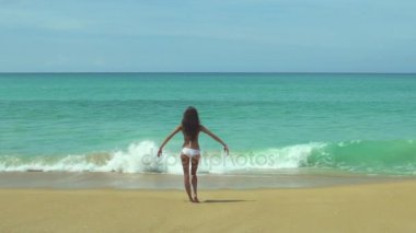 Tropik plajda bikinili bir kadın.