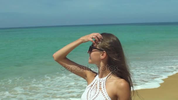 Mooi en sexy meisje op het strand — Stockvideo