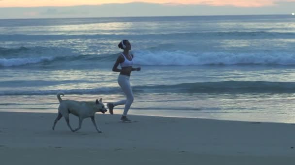 Νεαρή κοπέλα κάνει ασκήσεις στην παραλία — Αρχείο Βίντεο
