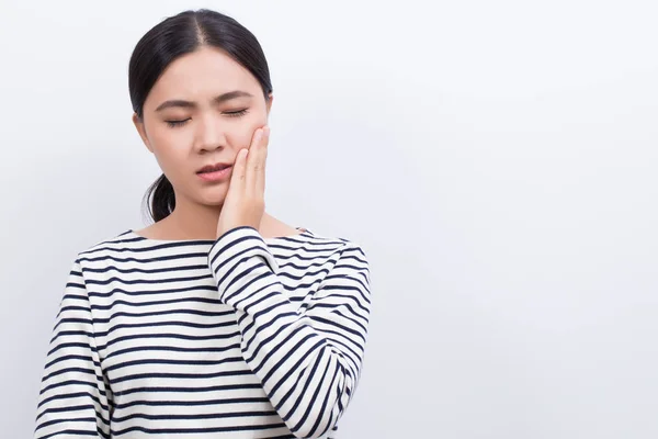 女人有牙疼痛孤立在白色背景 — 图库照片