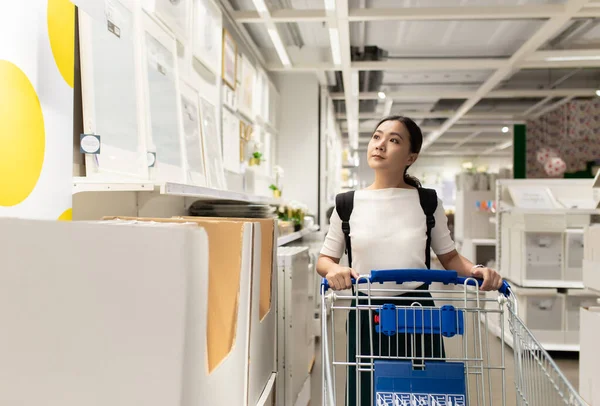 Vrouw met winkelwagentje in winkel — Stockfoto