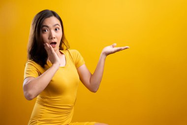 Sarı arkaplan üzerinde izole edilmiş kopyalama alanını gösteren kadın