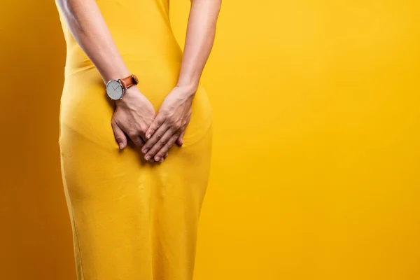 Woman suffers from stomach ache Close up — Stock Photo, Image