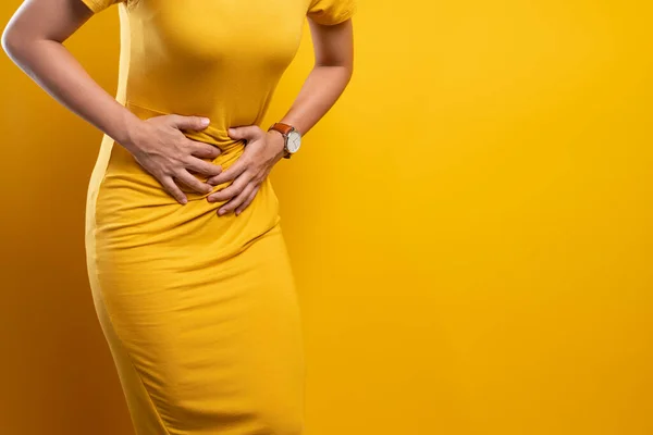 Woman suffers from stomach ache Close up — Stock Photo, Image