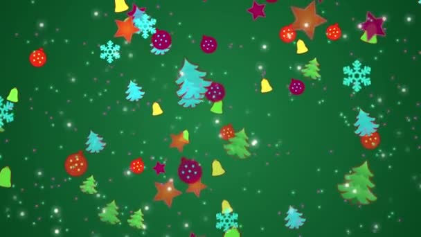 Filmati Caduta fiocchi di neve, alberi di Natale, palle di albero di Natale sullo sfondo verde — Video Stock