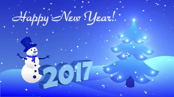 Záběry šťastný nový rok 2017 s sněhulák a vánoční strom na modrém pozadí — Stock video