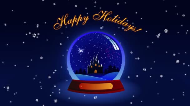 Beelden Happy Holidays met glas sneeuwbol en sneeuwvlokken — Stockvideo