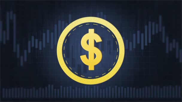Dólar y euro símbolos en el fondo azul oscuro con gráficos — Vídeos de Stock
