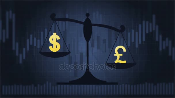 Чешуя с символами доллара и фунта на темно-синем фоне с графиками — стоковое видео