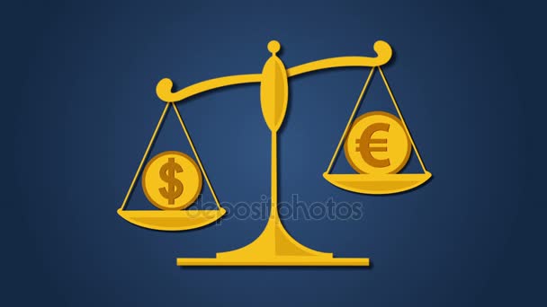 Waagen mit Dollar- und Euro-Symbolen auf dunkelblauem Hintergrund — Stockvideo