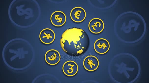 Para birimi simgelerini dünyanın etrafında döner — Stok video