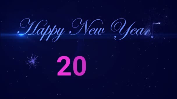 Feliz Ano Novo 2018 com fogos de artifício e partículas brilhantes no fundo azul escuro — Vídeo de Stock