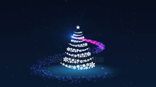 Feliz Ano Novo com árvore de Natal, fogos de artifício e partículas brilhantes no fundo azul escuro — Vídeo de Stock