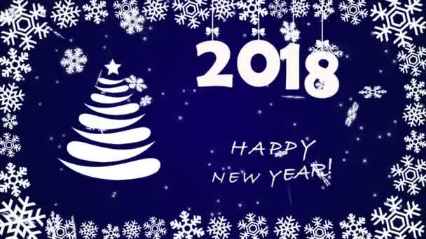 Поздравляем Новый год с елкой и снежинками на темно-синем фоне — стоковое видео