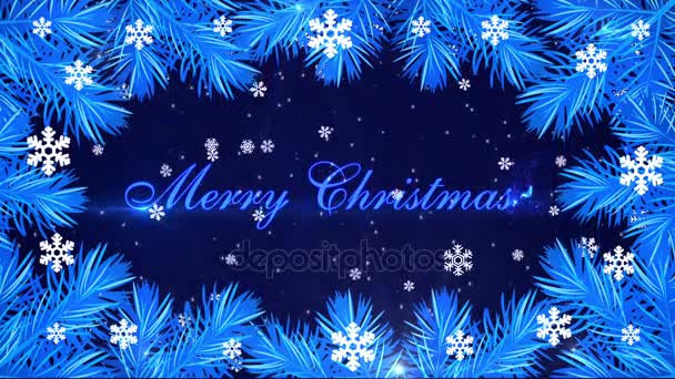 Frohe Weihnachten mit Tannenzweigen und Schneeflocken auf blauem Hintergrund — Stockvideo
