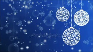 Yeni yıl mavi arka plan ile topları, kar taneleri ve parlayan parçacıklar