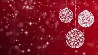 Yeni yıl kırmızı arka plan ile topları, kar taneleri ve parlayan parçacıklar