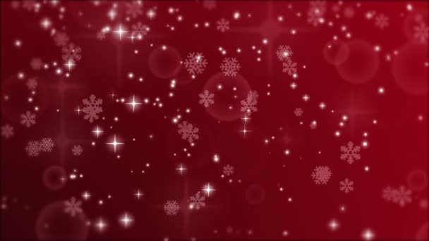 Új év piros háttér hópelyhek és izzó részecskék — Stock videók