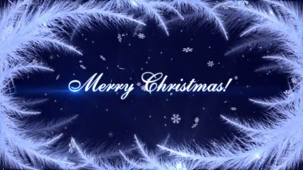Feliz Navidad con patrones de heladas y copos de nieve en el fondo azul oscuro — Vídeo de stock