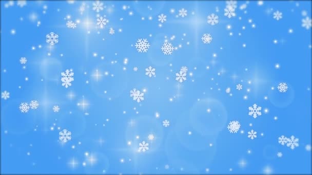 Neujahr hellblauer Hintergrund mit Schneeflocken und glühenden Teilchen — Stockvideo