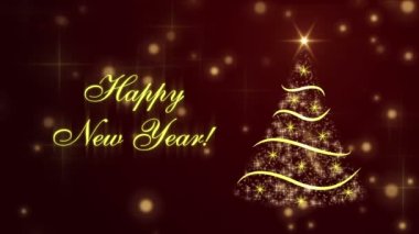 Mutlu yeni yıl Noel ağacı ve koyu kırmızı zemin üzerine parlayan parçacıkları ile