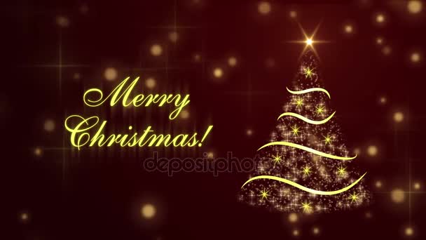Счастливого Рождества с елкой и светящимися частицами на темно-красном фоне — стоковое видео