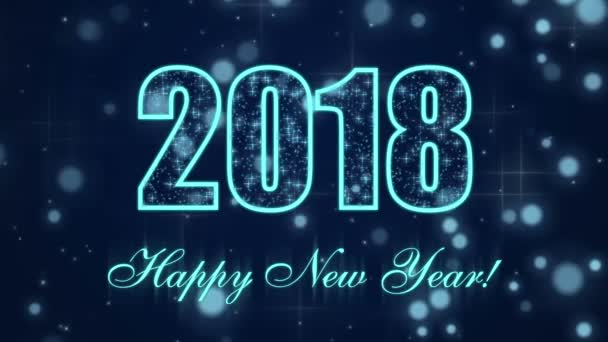 Frohes neues Jahr 2018 mit glühenden Teilchen auf dunkelblauem Hintergrund — Stockvideo