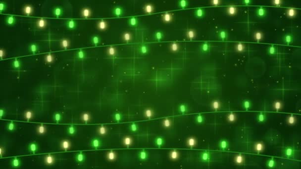 Πράσινο φόντο με γιορτινή γιρλάντα φώτα και λαμπερό σωματίδια — Αρχείο Βίντεο