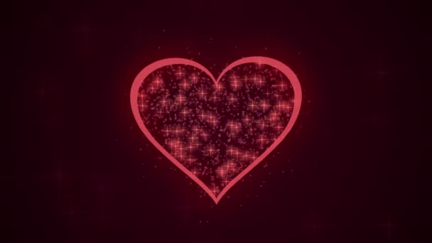 Coeur avec des particules brillantes sur le fond rouge foncé 