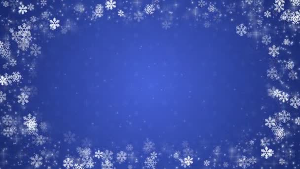 Fondo blu con fiocchi di neve e particelle incandescenti — Video Stock