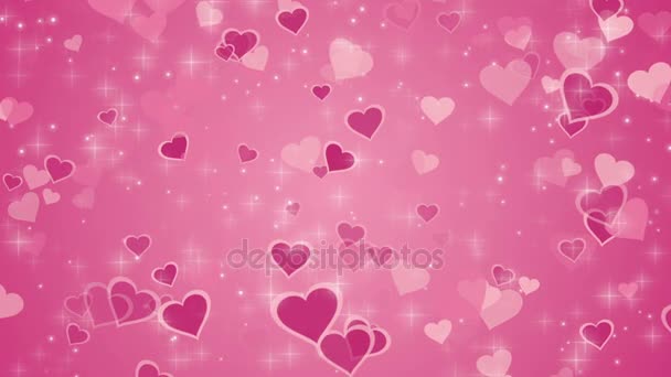 Fondo rosa con corazones y partículas brillantes — Vídeos de Stock