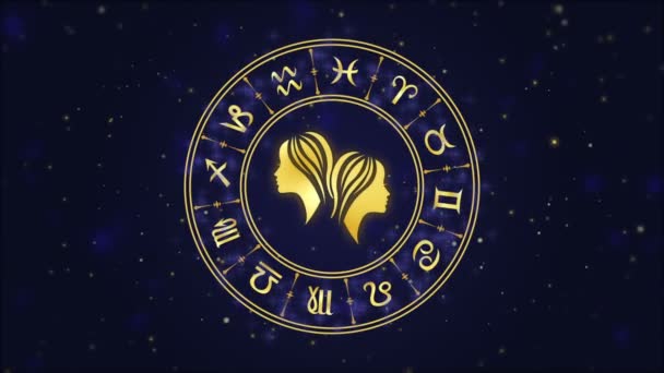 Signo del zodíaco Géminis y rueda del horóscopo sobre el fondo azul oscuro — Vídeo de stock