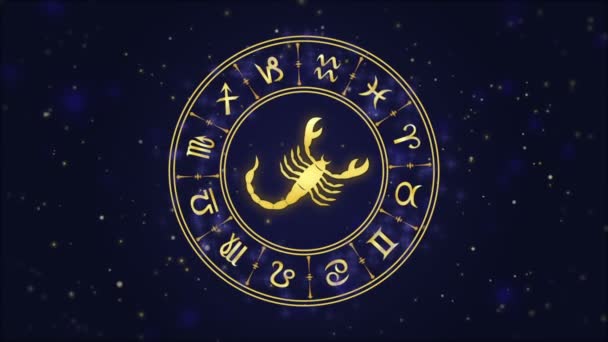 Signo del zodíaco Escorpio y rueda del horóscopo sobre el fondo azul oscuro — Vídeos de Stock
